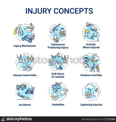 Injury causes concept icons set. Trauma human and natural factors, domestic and traffic accidents idea thin line RGB color illustrations. Vector isolated outline drawings. Editable stroke