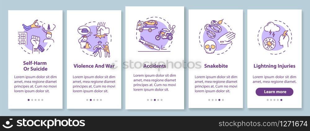 Injury causes onboarding mobile app page screen with concepts. Violence and accidents factors walkthrough 5 steps graphic instructions. UI vector template with RGB color illustrations