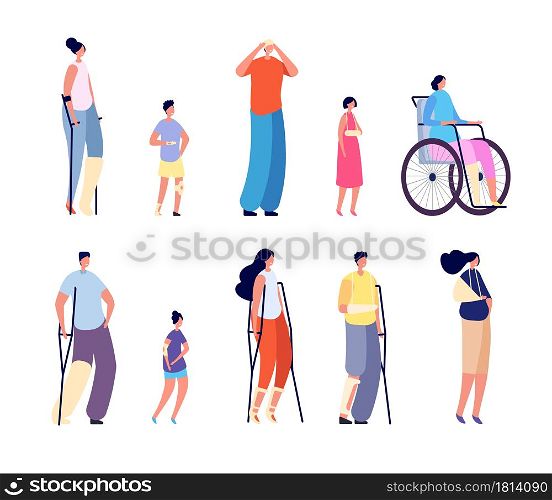 Injury characters. Hospital patients, trauma legs hands head or broken bones. Young woman recovery, isolated people with crutch vector set. Illustration rehabilitation and recovery. Injury characters. Hospital patients, trauma legs hands head or broken bones. Young woman recovery, isolated people with crutch vector set