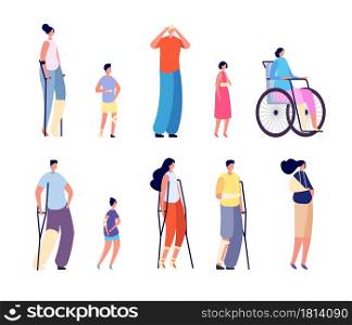 Injury characters. Hospital patients, trauma legs hands head or broken bones. Young woman recovery, isolated people with crutch vector set. Illustration rehabilitation and recovery. Injury characters. Hospital patients, trauma legs hands head or broken bones. Young woman recovery, isolated people with crutch vector set