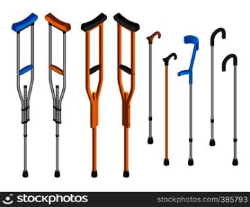 Injury crutches icon set. Isometric set of injury crutches vector icons for web design isolated on white background. Injury crutches icon set, isometric style