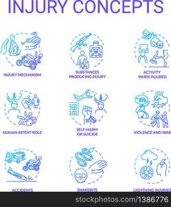 Injury factors, trauma causes concept icons set. Human intention, incidents, domestic and traffic accidents idea thin line RGB color illustrations. Vector isolated outline drawings. Injury factors, trauma causes concept icons set