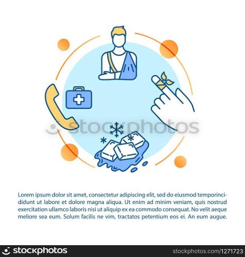 Injury first aid concept icon with text. Bone and cartilage fracture treatment recommendations PPT page vector template. Brochure, magazine, booklet design element with linear illustrations