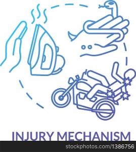 Injury mechanism and accident factors concept icon. Iron burn and road accident, snakebite and motorcycle trauma thin line illustration. Vector isolated outline RGB color drawing. Injury mechanism and accident factors concept icon