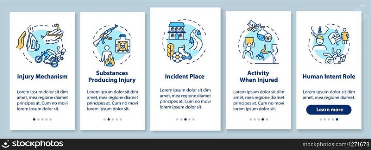 Injury mechanism onboarding mobile app page screen with concepts. Incident producing substances walkthrough 5 steps graphic instructions. UI vector template with RGB color illustrations