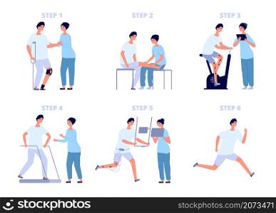 Injury rehabilitation. Stretching, recovery health training. Disability person physiotherapy, leg treatment in hospital with doctor vector concept. Illustration rehabilitation exercise after injury. Injury rehabilitation. Stretching, recovery health training. Disability person physiotherapy, leg treatment in hospital with doctor utter vector concept