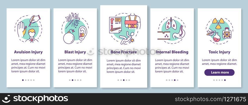 Injury types onboarding mobile app page screen with concepts. Avulsion and blast, fracture and intoxication walkthrough 5 steps graphic instructions. UI vector template with RGB color illustrations