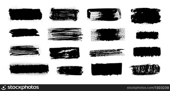 Ink blob brush. Black paint strokes with dirty grunge texture, brush stains splatters and drips. Vector isolated set of watercolor silhouette banners or isolated grunge elements decoration image. Ink blob brush. Black paint strokes with dirty grunge texture, brush stains splatters and drips. Vector isolated set of watercolor silhouette banners