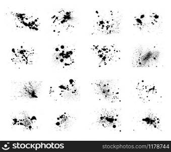 Ink blots. Inked splatter drops isolated on white background, vector black drip spots or wet spots, spray brush texture set. Ink blots, splatter drops set
