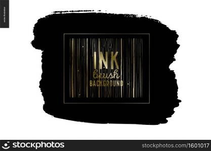 Ink Brush Background - abstract vector illustration. Ink brush strokes with rough edges, dry brush, black paint. Dirty artistic design element, gold lettering title - handmade vector illustration. Ink Brush Background