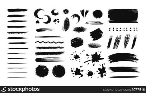 Ink brush stroke. Distressed paintbrush splash shape. Grungy black paint banner for text. Blots or hatching scribbles. Abstract rough smears. Brushstroke underlines. Vector isolated messy textures set. Ink brush stroke. Distressed paintbrush splash shape. Grungy paint banner for text. Blots or hatching scribbles. Abstract rough smears. Brushstroke underlines. Vector messy textures set