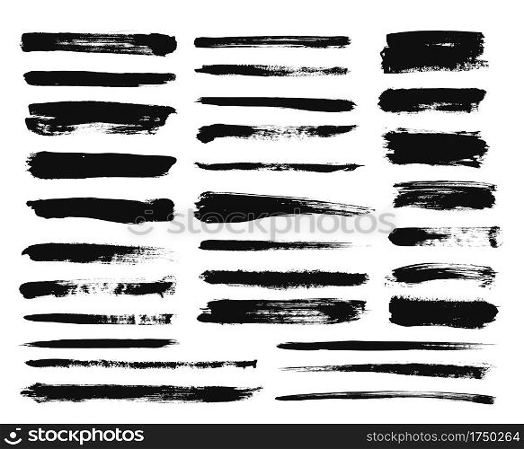 Ink brush stroke. Dry paint long smear, black stains. Isolated textured straight lines or art grunge design elements. Vector drawing set. Paint brush, grunge ink stroke illustration. Ink brush stroke. Dry paint long smear, black stains. Isolated textured straight lines or art grunge design elements. Vector drawing set
