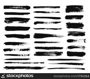 Ink brush stroke. Dry paint long smear, black stains. Isolated textured straight lines or art grunge design elements. Vector drawing set. Paint brush, grunge ink stroke illustration. Ink brush stroke. Dry paint long smear, black stains. Isolated textured straight lines or art grunge design elements. Vector drawing set