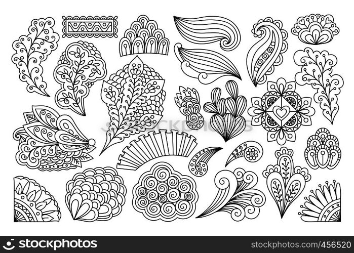 Ink drawing flowers. Vector set of doodle flowers. Ink drawing flowers