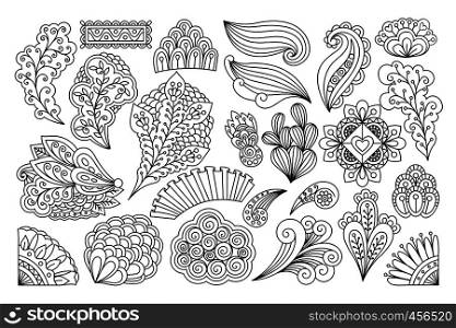 Ink drawing flowers. Vector set of doodle flowers. Ink drawing flowers