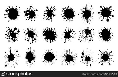 Ink drops. Ink blot spot and splatter, black liquid paint drip splashes. Artistic dirty grunge abstract spot inking stained effect isolated vector set. Graffiti droplets and leaking collection. Ink drops. Ink blot spot and splatter, black liquid paint drip splashes. Artistic dirty grunge abstract spot inking stained effect isolated vector set