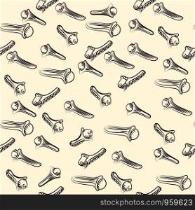 Ink hand drawn dried cloves seamless pattern. Engraving style. Design for fabric, textile print, wrapping paper. Vector illustration. Ink hand drawn dried cloves seamless pattern. Engraving style.