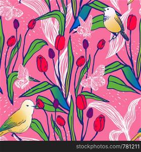 Ink hand drawn seamless pattern Creative illustration in pink, green and yellow colors. Bright spring seamless design with tulips, butterflies and birds