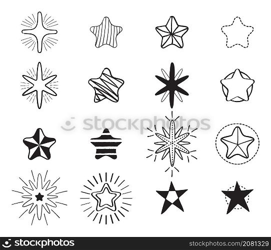 Ink hand drawn stars vector set. Star rating sign in doodle style on white background. Scribble geometric brush shining. Ink hand drawn stars vector set. Star rating sign in doodle style on white background.
