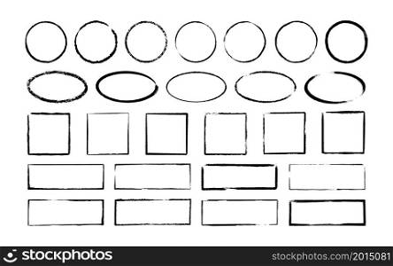 Ink oval, circle and rectangle frames. Grunge empty black boxes set. Ellipse and square borders collections. Rubber stamp imprint. Hand drawn vector illustration isolated on white background.. Ink oval, circle and rectangle frames. Grunge empty black boxes set. Ellipse and square borders collections. Rubber stamp imprint. Hand drawn vector illustration isolated on white background