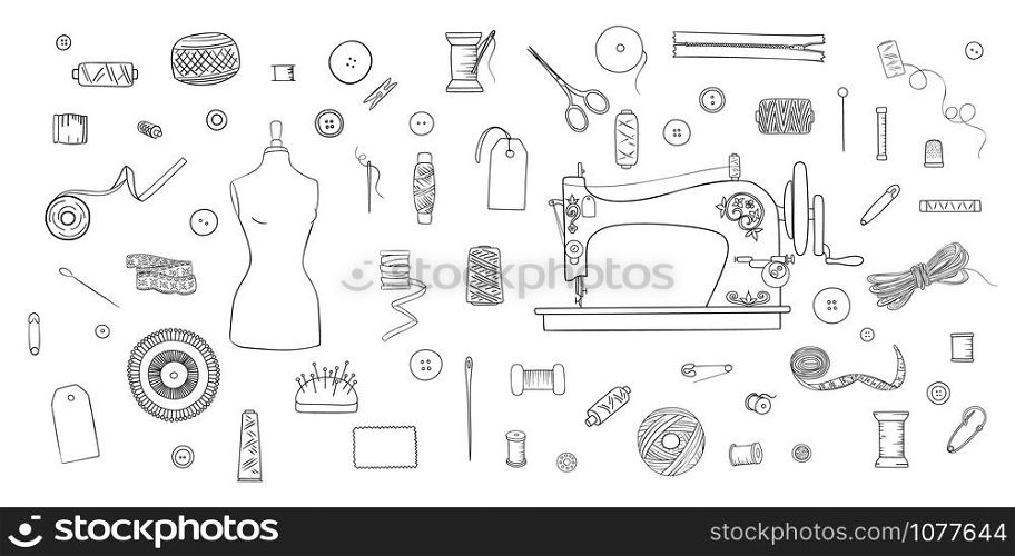 Ink pen set of objects for sewing, handicraft. Sewing tools and sewing kit and equipment, needle, sewing machine, pin, yarn. vector set. For decoration, template, logo, tags projects, tailor shop, sketch style. Ink pen set of objects for sewing, handicraft. Sewing tools and sewing kit and equipment, tailor shop, sketch style