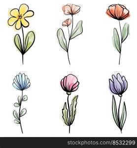 Ink, pencil, watercolor flower sketch.Transparent background. Hand drawn painting. Ink wash painting of diffetent flowers.. Ink, pencil, watercolor flower sketch.Transparent background. Hand drawn painting. Ink wash painting of diffetent flowers