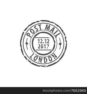 Ink postmark vector isolated icon. London round post st&, mark of United Kingdom. Post mail London round st&