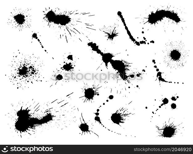 Ink splashes. Black color splatters, abstract drops on white backdrop, grunge traces of liquid paint, monochrome artistic spots effects isolated, different silhouettes, dirty stain shapes, vector set. Ink splashes. Black color splatters, abstract drops on white backdrop, grunge traces of liquid paint, monochrome artistic spots effects isolated, dirty stain shapes, vector set