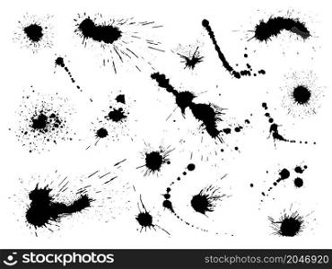 Ink splashes. Black color splatters, abstract drops on white backdrop, grunge traces of liquid paint, monochrome artistic spots effects isolated, different silhouettes, dirty stain shapes, vector set. Ink splashes. Black color splatters, abstract drops on white backdrop, grunge traces of liquid paint, monochrome artistic spots effects isolated, dirty stain shapes, vector set