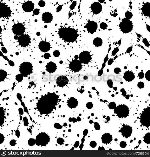 Ink splat seamless pattern. Abstract spot shapes, black inked drops. Grunge dirty print vector wallpaper texture. Ink splat seamless pattern. Abstract spot shapes, black inked drops. Grunge vector wallpaper texture