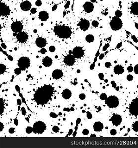 Ink splat seamless pattern. Abstract spot shapes, black inked drops. Grunge dirty print vector wallpaper texture. Ink splat seamless pattern. Abstract spot shapes, black inked drops. Grunge vector wallpaper texture