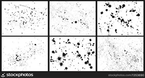 Ink splatter background. Abstract black paint splashes, splashed inks drips and dots stains silhouette vector set. Splash grunge ink, stain on card illustration. Ink splatter background. Abstract black paint splashes, splashed inks drips and dots stains silhouette vector set
