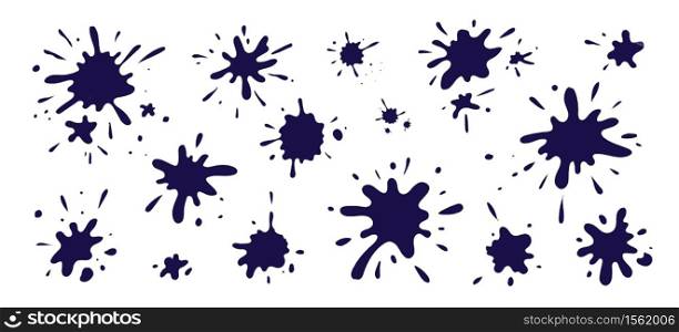 Ink stain. Black paint brush splatters, blots and strokes with grunge textures. Vector set illustration of banners isolated painted inky drop on white background. Ink stain. Black paint brush splatters, blots and strokes with grunge textures. Vector set of banners isolated on white background