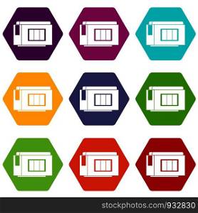 Inkjet printer cartridge icon set many color hexahedron isolated on white vector illustration. Inkjet printer cartridge icon set color hexahedron