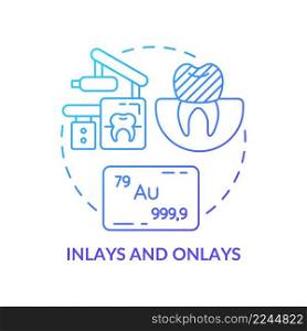 Inlays and onlays blue gradient concept icon. Aesthetic dentistry type abstract idea thin line illustration. Solution for serious dental issues. Isolated outline drawing. Myriad Pro-Bold font used. Inlays and onlays blue gradient concept icon