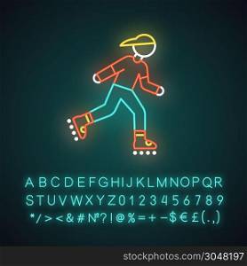 Inline skating neon light icon. Freestyle rollerblading. Fitness skating. Teenager on rollerblades. Extreme sport. Glowing sign with alphabet, numbers and symbols. Vector isolated illustration