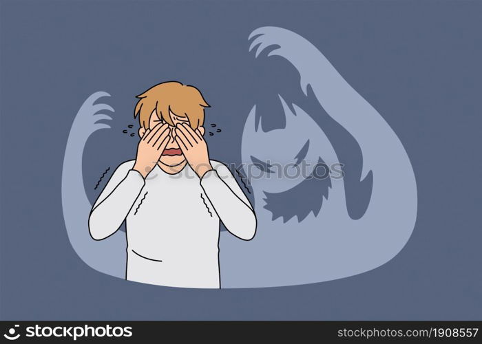 Inner fears and feeling terrified concept. Young stressed frustrated man standing covering eyes with hands feeling chocked and afraid with ghost shadows around vector illustration . Inner fears and feeling terrified concept