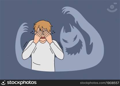 Inner fears and feeling terrified concept. Young stressed frustrated man standing covering eyes with hands feeling chocked and afraid with ghost shadows around vector illustration . Inner fears and feeling terrified concept