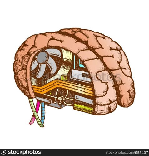 Innovation Computer Chip Brain Color Vector. Artificial Intelligence Concept In Human Brain. Motherboard, Processor And Cooler Hand Drawn In Vintage Style Illustration. Innovation Computer Chip Brain Color Vector