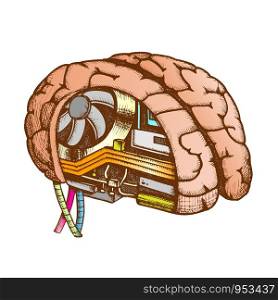 Innovation Computer Chip Brain Color Vector. Artificial Intelligence Concept In Human Brain. Motherboard, Processor And Cooler Hand Drawn In Vintage Style Illustration. Innovation Computer Chip Brain Color Vector