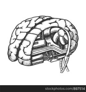 Innovation Computer Chip Brain Monochrome Vector. Artificial Intelligence Concept In Human Brain. Motherboard, Processor And Cooler Hand Drawn In Vintage Style Black And White Illustration. Innovation Computer Chip Brain Monochrome Vector