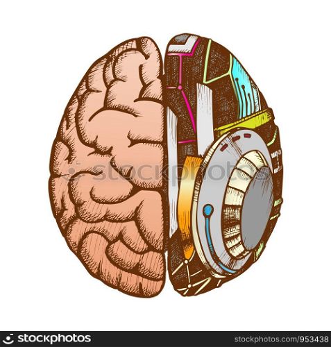 Innovation Machine Robotic Brain Color Vector. Artificial Intelligence Concept And Human Brain. Ai And Anatomy Neurology Element Hand Drawn In Vintage Style Illustration. Innovation Machine Robotic Brain Color Vector