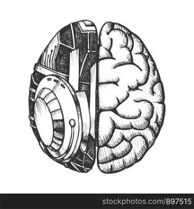 Innovation Machine Robotic Brain Monochrome Vector. Artificial Intelligence Concept And Human Brain. Ai And Anatomy Neurology Element Hand Drawn In Vintage Style Black And White Illustration. Innovation Machine Robotic Brain Monochrome Vector