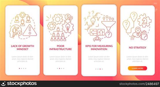 Innovation management barriers red gradient onboarding mobile app screen. Walkthrough 4 steps graphic instructions pages with linear concepts. UI, UX, GUI template. Myriad Pro-Bold, Regular fonts used. Innovation management barriers red gradient onboarding mobile app screen