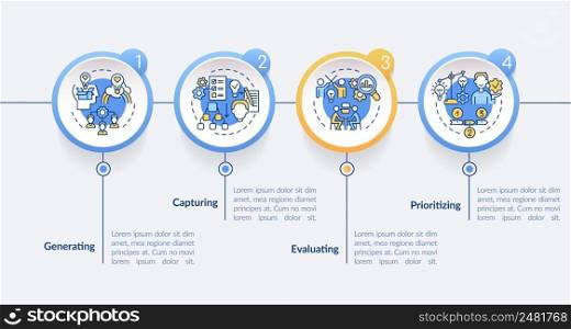 Innovation management process circle infographic template. Generating. Data visualization with 4 steps. Process timeline info chart. Workflow layout with line icons. Lato-Bold, Regular fonts used. Innovation management process circle infographic template
