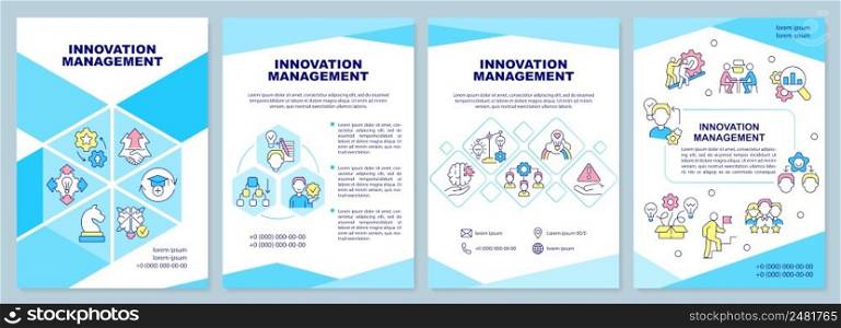 Innovation management turquoise brochure template. Generating solutions. Leaflet design with linear icons. 4 vector layouts for presentation, annual reports. Arial-Black, Myriad Pro-Regular fonts used. Innovation management turquoise brochure template