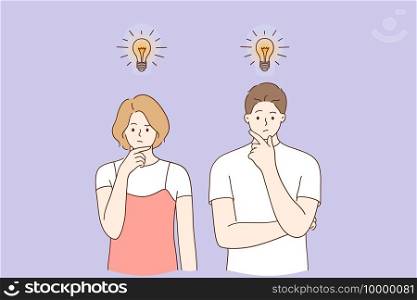 Innovation, new ideas, creativity concept. Creative man and woman standing thinking with light bulbs above meaning new opportunities, ideas, creative business projects and development illustration. Innovation, new ideas, creativity concept