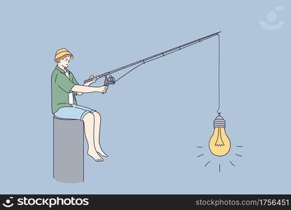 Innovation, new ideas, startup business concept. Young boy in cap cartoon character sitting and fishing light bulb with new innovative idea alone vector illustration . Innovation, new ideas, startup business concept