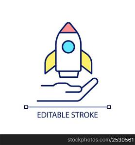 Innovation RGB color icon. Launching rocket. Space shuttle model. Toy for children. Business startup. Isolated vector illustration. Simple filled line drawing. Editable stroke. Arial font used. Innovation RGB color icon