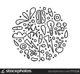 Innovation round concept in doodle style. Vector circle symbols badge illustration.